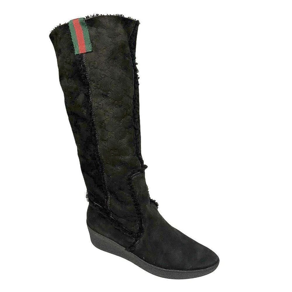 Gucci GG Monogram Web Black Suede Knee High Boots Size 7 Wedge Heel 14" Shaft